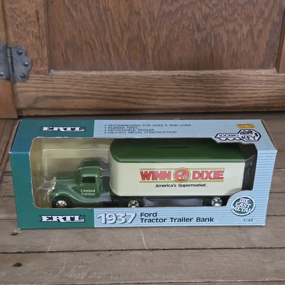ERTL WINN DIXIE 1937 Ford Tractor Trailer Bank Green Limited #9706 1:43 1988